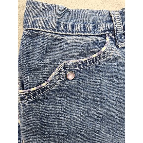 Vintage 80s Michael G High Rise Jean Shorts Size 16 W28 Blue Plaid Trim Cotton - Picture 2 of 11